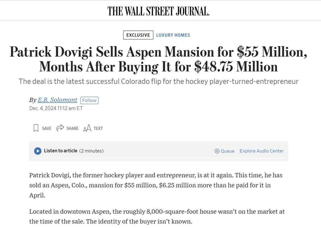 Patrick Dovigi Sells Aspen Mansion for $55M Months After Buying it for $48.75M, WSJ Image